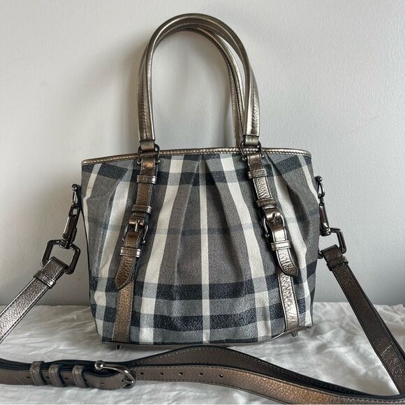 BURBERRY Silver Shimmer Haymarket Canterbury Tote Satchel Crossbody - Picture 1 of 13